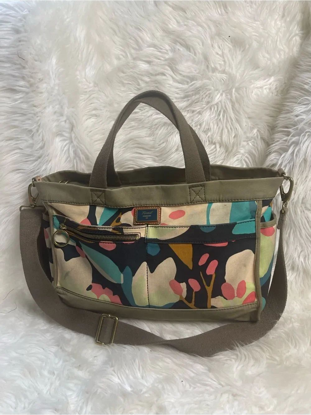 Fossil Multicolor Canvas Large Crossbody Tote with Abstract Print.khaki trims